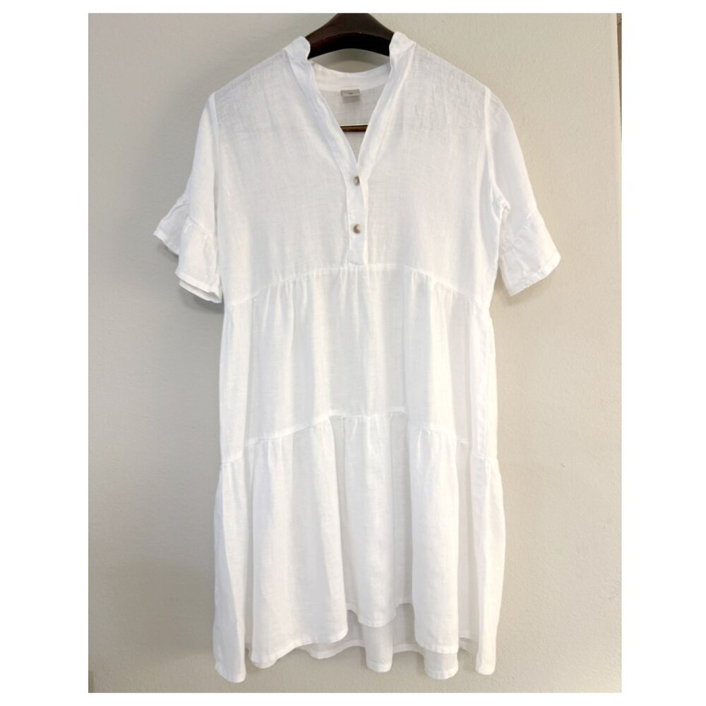Think Greece White Linen Relaxed Tiered Tunic Dress Medium Large